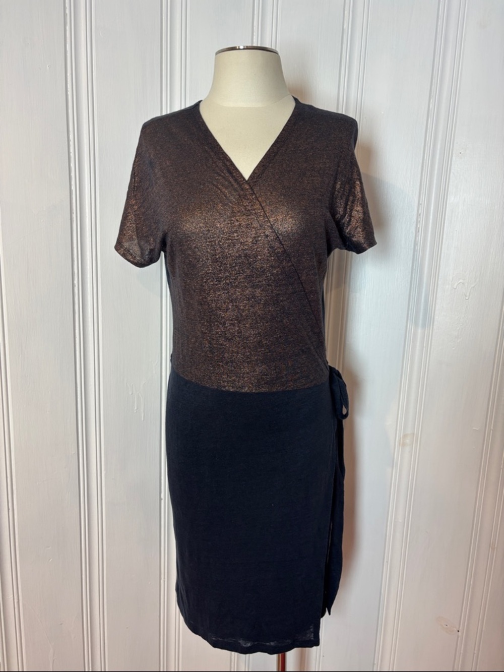 PETIT BATEAU 100% Linen Wrap Dress Navy Blue & Copper Metallic | Size XS
